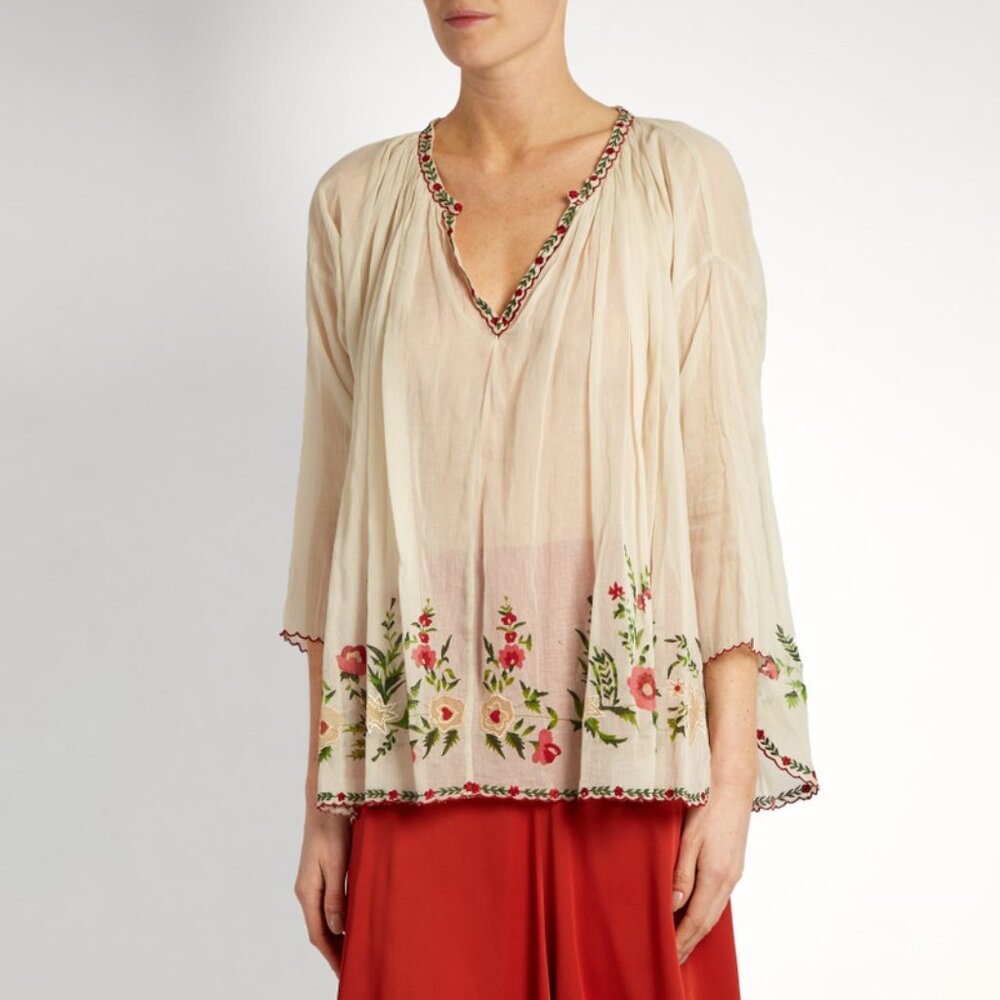 MES DEMOISELLES “JOSEPHA” FLOWER EMBROIDERED COTTON SMOCK BLOUSE BOHO SZ 4